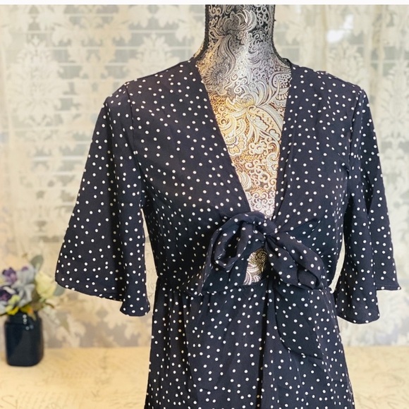 Boho Blue and White Polka Dot Tie Front Midi Dress - Picture 2 of 7